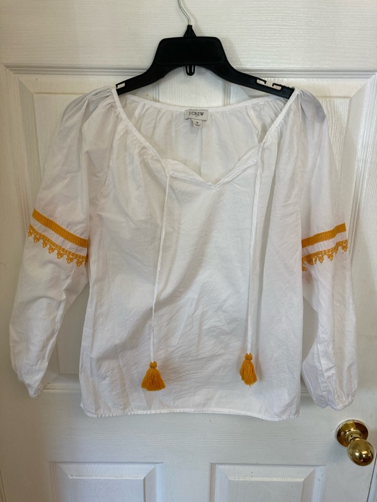 J. Crew Tops - J. Crew White Peasant Blouse with Yellow Tassel Accents